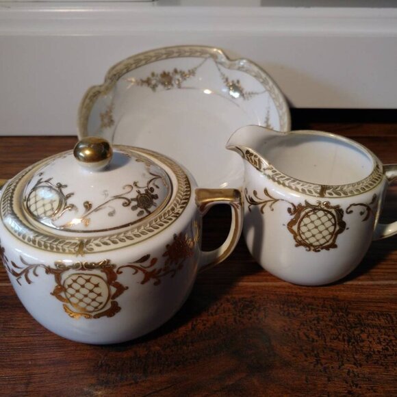 Antique Noritake Cream and Sugar Set with Small Bowl Vintage Hand Painted Nippon - Picture 10 of 11